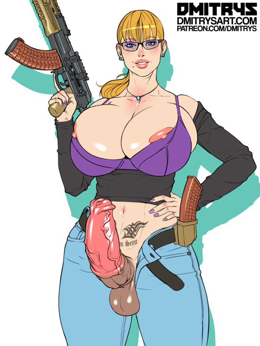 1futa animal_genitalia big_breasts big_penis dmitrys equine_penis erection futanari gun horsecock horsecock_futanari huge_breasts human_with_animal_genitalia jeans katherine_(dmitrys) looking_at_viewer milf solo_futa standing tattoo weapon