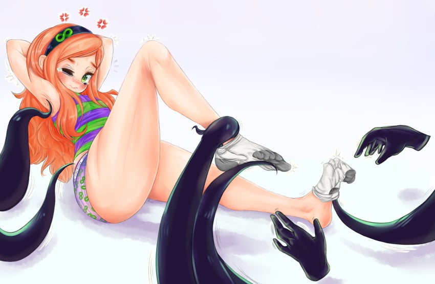 1boy 1girls 4chan blush feet_tickled feet_tickling female foot_fetish foot_focus foot_tickling green_eyes orange_hair tentacle tickle_fetish tickling tickling_feet vivian_james