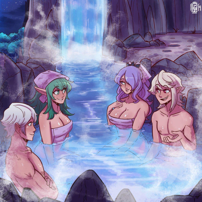 2boys 2girls bath_towel bathing big_breasts breasts camilla_(fire_emblem) camilla_(hot_springs)_(fire_emblem) corrin_(fire_emblem) corrin_(fire_emblem)_(male) deepbeef female fire_emblem fire_emblem_awakening fire_emblem_fates fire_emblem_heroes green_hair hot_spring large_breasts male multiple_boys multiple_girls muscular_male pointy_ears ponytail purple_hair robin_(fire_emblem) robin_(fire_emblem)_(male) scruffyturtles tiki_(adult)_(fire_emblem) tiki_(fire_emblem) white_hair wholesome