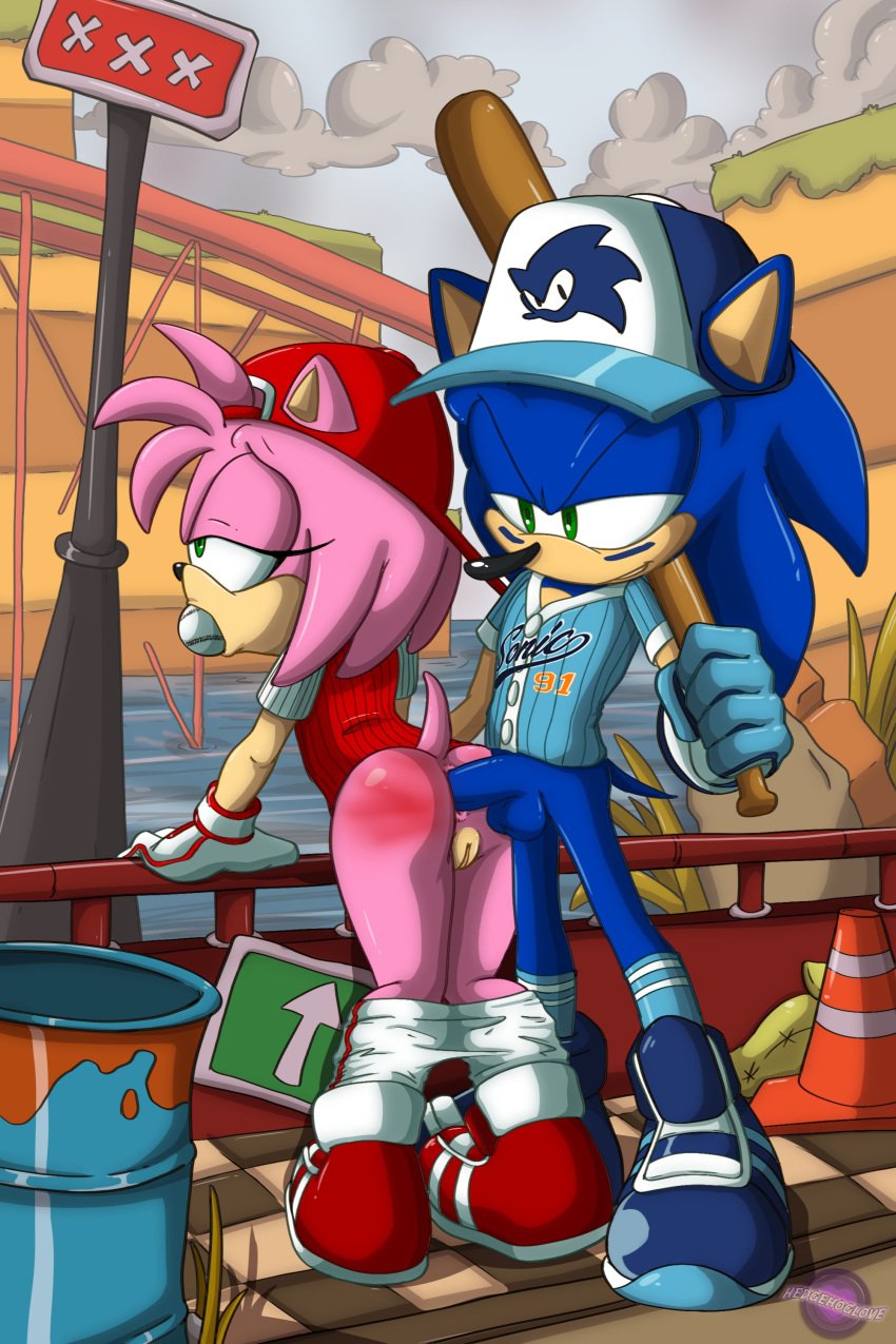 1boy 1girls all-star_amy amy_rose anal ass ball_gag balls baseball baseball_bat baseball_cap baseball_uniform blue_fur blue_hair clitoris female female_penetrated gag half-closed_eyes hedgehog hedgehoglove male male_penetrating male_penetrating_female naked nude pants pants_down penetration penis pink_fur pink_hair pussy red_butt red_markings sex shirt slugger_sonic sonic_(series) sonic_forces_speed_battle sonic_the_hedgehog sonic_the_hedgehog_(series) standing standing_sex straight tail testicles