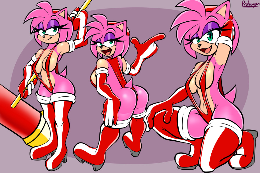 amy_rose between_ass between_buttocks breasts crouching green_eyes hammer large_breasts large_hammer long_gloves mouth_open nipples_covered on_knee outfit piko_piko_hammer pink_fur pink_hair pose protagon seductive seductive_smile sega sling_bikini smug sonic_(series) sonic_the_hedgehog_(series) thigh_boots