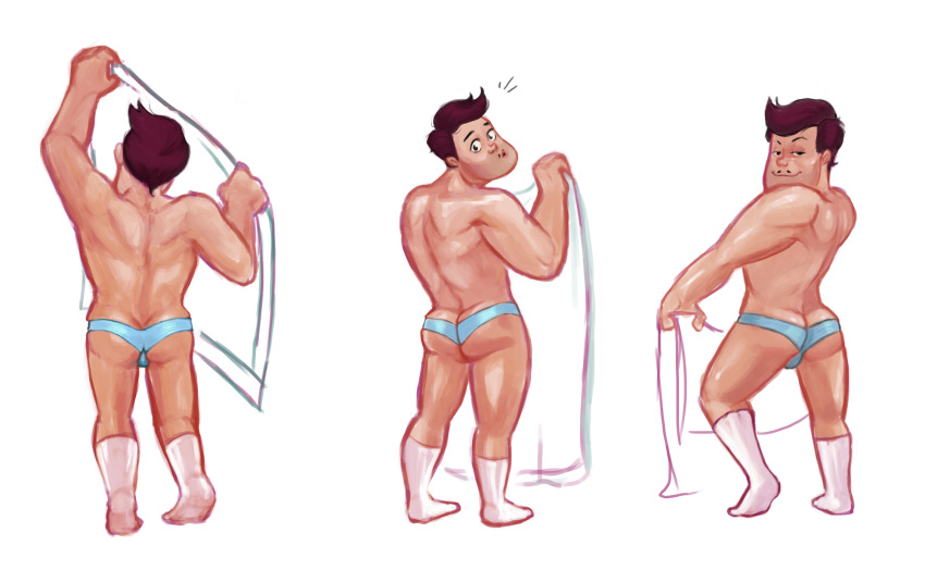 1boy 1male ass brown_eyes brown_hair dilf facial_hair father fudgy_fart looking_at_viewer male male_only muscles muscular muscular_male rafael_diaz socks solo solo_male star_vs_the_forces_of_evil thong towel white_background