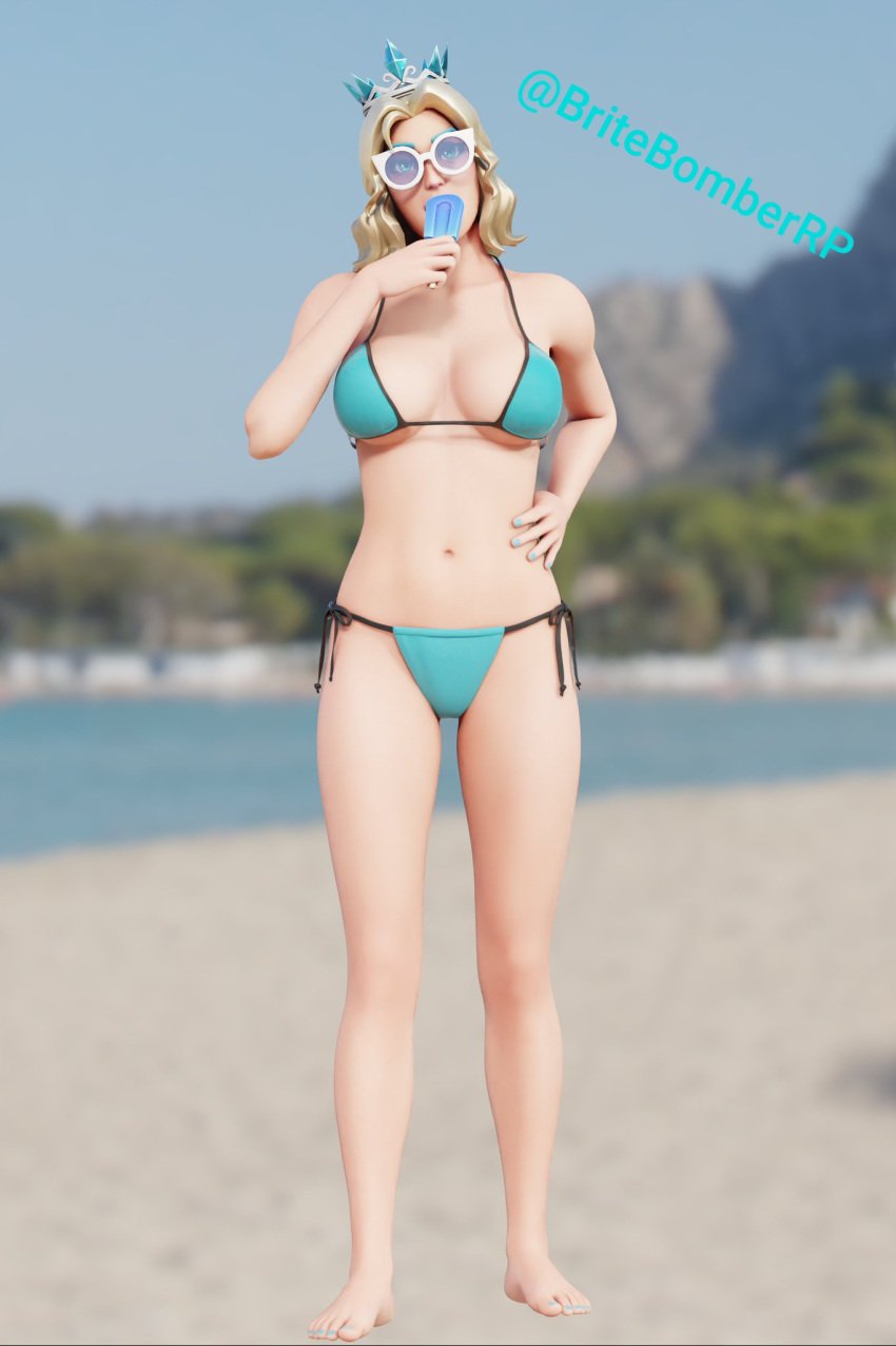 1girls 3d beach bikini blue_bikini britebomberrp crown female female_only fortnite glasses glimmer_(fortnite) ice ice_cream ocean sand tagme