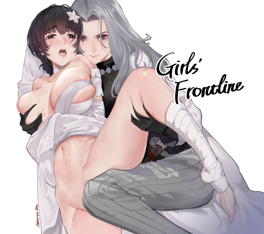 2girls absurdres artist_name bandage bandaged_leg bandages bangs black_gloves black_hair blush breast_grab breasts brown_eyes character_request closed_mouth commentary_request convenient_leg copyright_name dated deep_skin eyebrows_visible_through_hair flower girls'_frontline gloves grabbing grabbing_from_behind grey_(girls_frontline) grey_pants hair_flower hair_ornament highres hitomi_o lady_grey_(girls_frontline) large_breasts light_smile long_hair looking_at_viewer machlian_(girls_frontline) multiple_girls naked_shirt navel open_mouth pants shirt short_hair silver_hair simple_background spread_legs standing standing_on_one_leg sweat white_background white_shirt yuri