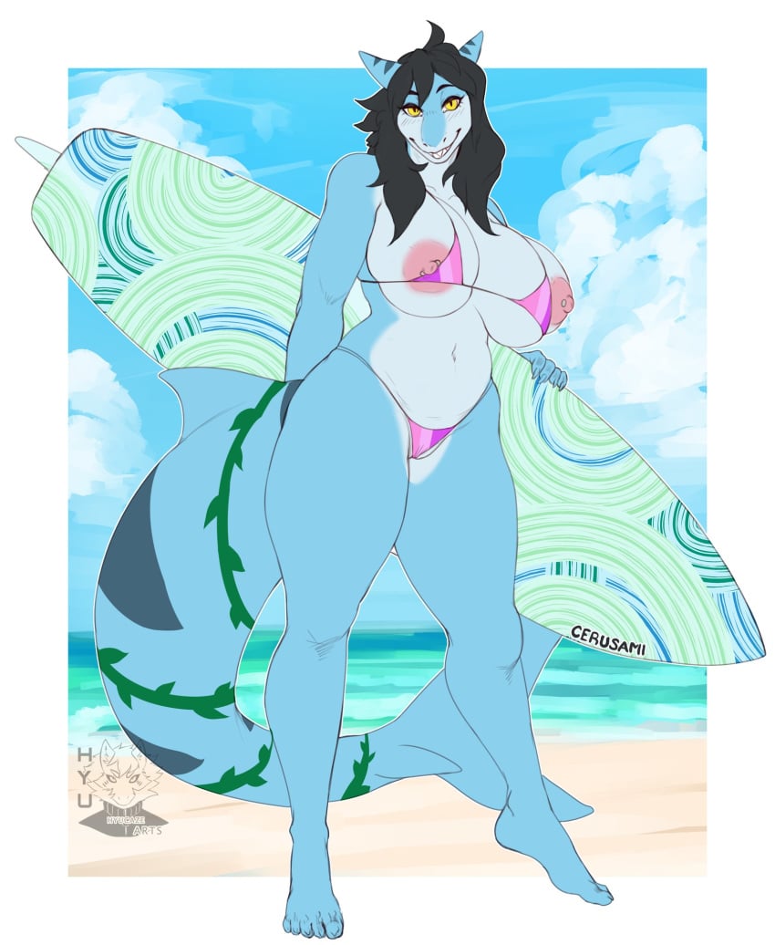 1girls anthro areolae beach big_breasts bikini black_hair breasts female female_only hyucaze long_hair looking_at_viewer marine maru_(marujawselyn) nipple_piercing nipples shark sharp_teeth skimpy solo surfboard thick_thighs thighs yellow_eyes