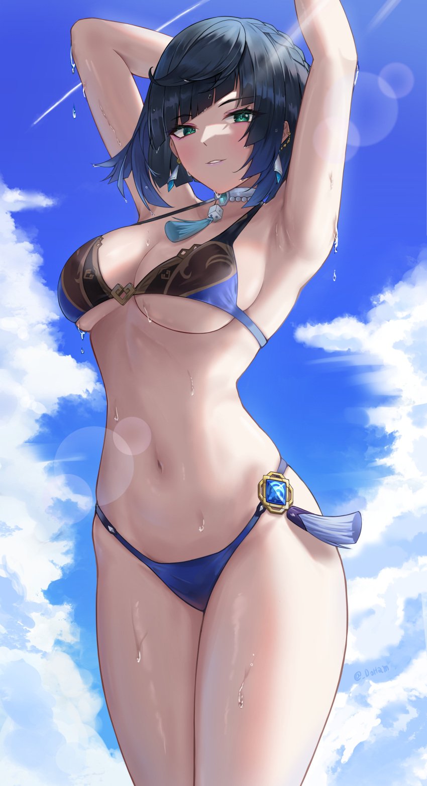 1girls 2022 armpits arms_above_head arms_up bikini black_hair blue_bikini breasts doham female female_only genshin_impact green_eyes hi_res hips large_breasts looking_at_viewer naughty_face outdoors short_hair slim_waist smile thick_thighs thighs water wet wet_body wide_hips yelan_(genshin_impact)