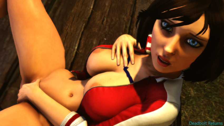 3d big_breasts bioshock bioshock_infinite blue_eyes bottomless breasts brown_hair busty cleavage deadboltreturns elizabeth_comstock female female_focus female_only fingering hourglass_figure large_breasts navel pose posing pussy short_hair solo tagme vagina wide_hips