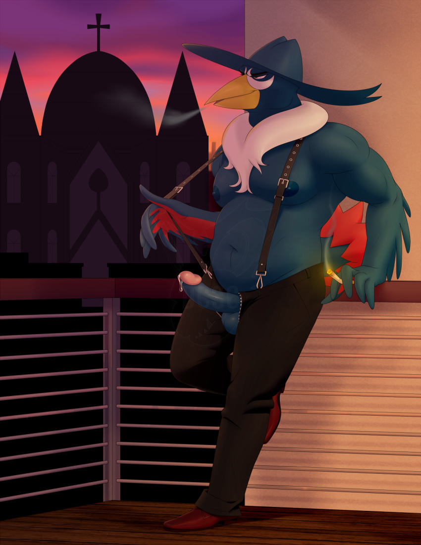 anthro avian balcony balls beak black_body bodily_fluids bottomwear church cigarette clothed clothing detailed_background dragonclaw36 feathers genital_fluids genitals hat headgear headwear hi_res honchkrow leaning leaning_back male male_only musclegut nintendo nipples open_pants pants pecs penis pokémon_(species) pokemon precum railing smoke smoking solo solo_focus solo_male suspenders tail_feathers topless topless_male video_games