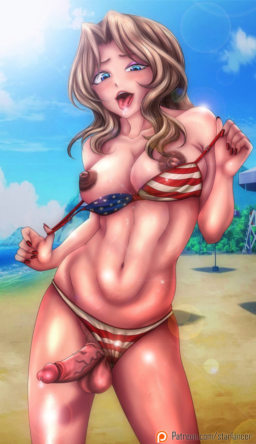 1futa american_flag_bikini areolae balls bikini bikini_top_down blue_eyes breasts curvy dark_nipples dick_slip erect_nipples erection eyeshadow futa_only futa_sans_pussy futanari girls_und_panzer kay_(girls_und_panzer) large_breasts large_nipples light-skinned_futanari light_skin lips long_hair nail_polish nipples open_mouth panties penis penis_out pink_eyeshadow platinum_blonde_hair precum precum_drip realistic red_fingernails red_nail_polish red_nails solo solo_futa starlancer tagme testicles tongue tongue_out