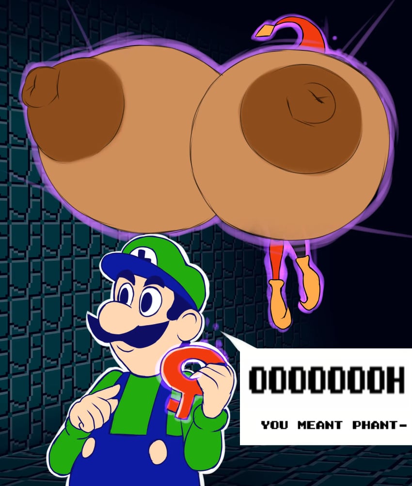 absurd_res anthro areolae blank_stare breast_expansion cave clothed clothing dialogue gloves holding_object hyper hyper_breasts jester jester_cap key lady_phanto luigi mario_(series) mask metachoke nintendo phanto puffy_areola puffy_nipples super_mario_bros._2 super_mario_maker super_mario_maker_2 text text_box what white_gloves