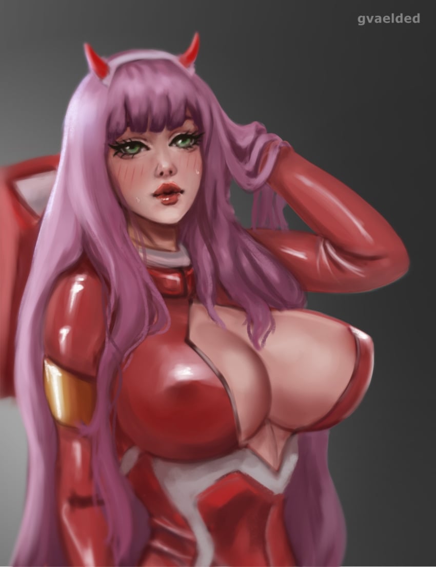 1girls adjusting_hair artist_name bangs big_breasts blush blushing bodysuit breasts busty cleavage clothing darling_in_the_franxx eyelashes female female_only fully_clothed gradient_background green_eyes gvaelded hair_band hairband highres horns huge_breasts large_breasts lips lipstick long_hair nipple_outline pink_hair red_bodysuit red_lipstick solo sweat sweatdrop voluptuous zero_two_(darling_in_the_franxx)