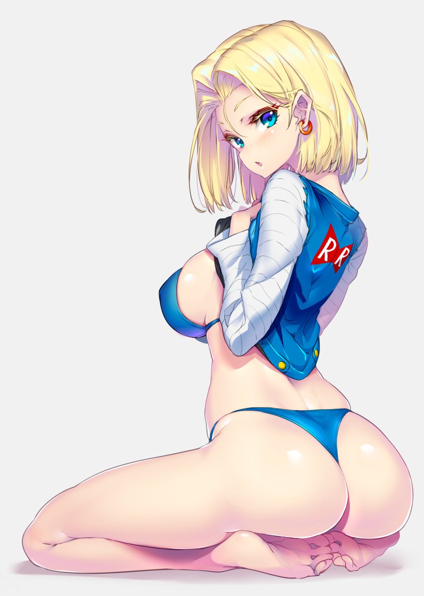 1girls android_18 ass bangs bare_legs bare_shoulders barefoot big_ass big_breasts blonde_hair blue_bra blue_eyes blue_panties blue_underwear blush bra breasts dragon_ball dragon_ball_z earrings feet female female_only from_behind grey_background high_resolution hong_(white_spider) horny jacket jewelry legs long_sleeves looking_at_viewer looking_back medium_breasts open_clothes open_jacket open_mouth panties parted_bangs seiza short_hair sideboob simple_background sitting sitting_on_soles soles solo thong toes underwear very_high_resolution