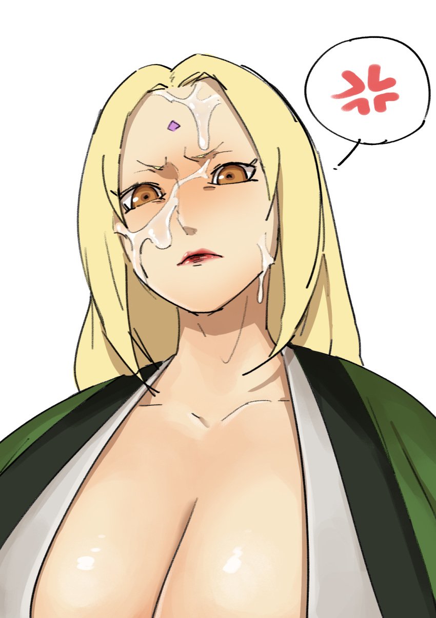 1girls angry big_breasts blonde_hair brown_eyes cum cum_on_face facial female female_only long_hair mature_female naruto nipples solo solo_female solo_focus tsunade xshuai