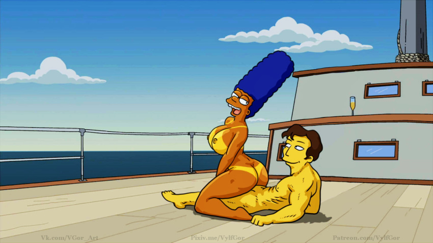 1boy 1boy1girl 1girls blue_hair boat champagne_flute cowgirl_position female_on_top marge_simpson milf on_top reverse_cowgirl_position ride riding roger tan_skin tanline the_simpsons vylfgor woman_on_top