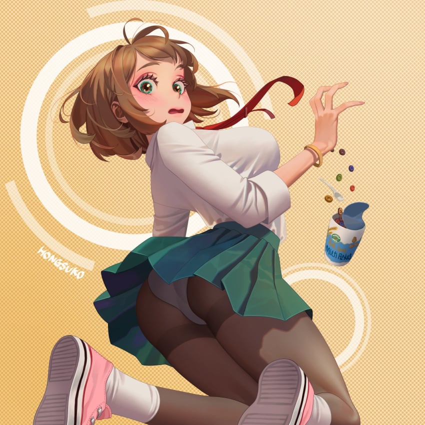 big_breasts brown_eyes brown_hair cereal female female_only hongcasso looking_at_viewer looking_back my_hero_academia ochako_uraraka panties school_uniform shoes short_hair sneakers solo solo_female solo_focus tennis_shoes tights u.a._school_uniform