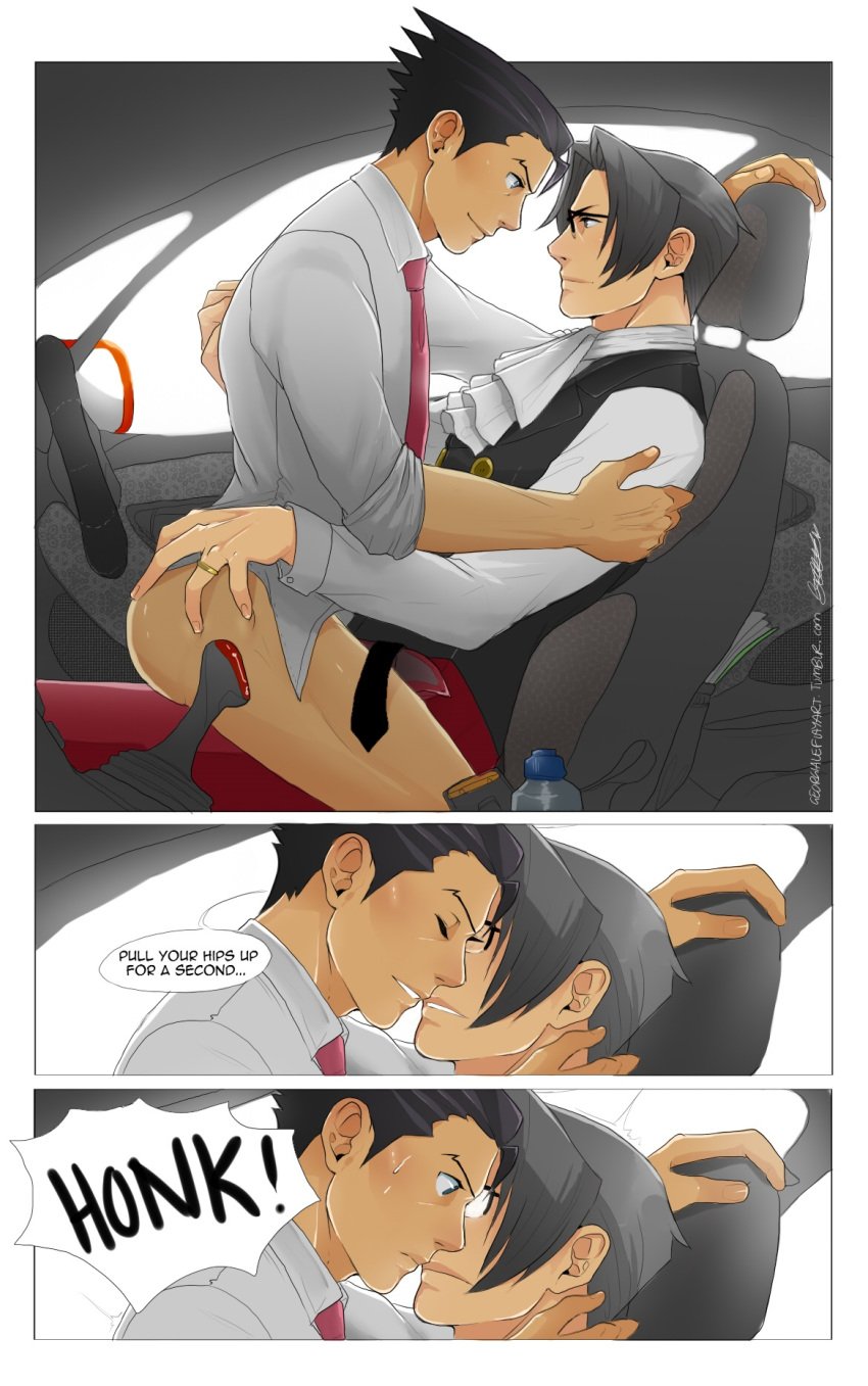 ace_attorney black_hair black_hair_bottom blush bottomless car clothed clothing comic domination english_text eye_contact funny gay gyakuten_saiban humor leflayart light_hair_on_dark_hair male_only miles_edgeworth phoenix_wright wedding_ring white_hair white_hair_on_black_hair white_hair_top wrightworth yaoi