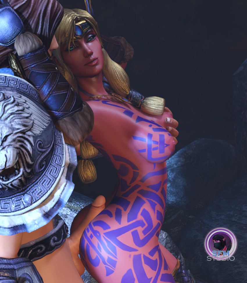 achilles_(smite) armor ass big_ass big_breasts big_butt blonde blonde_hair blue_eyes blue_tattoo bubble_butt cock_worship female female_focus freya_(smite) grabbing grabbing_from_behind hot_dogging huge_ass huge_breasts huge_cock large_ass male nipples penis seductive sex sfm sfmstudio smite