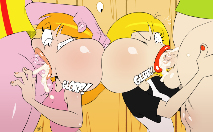 2girls aeolus aeolus06 blowjob cartoon_network cheek_bulge cum cum_in_mouth ed_edd_n_eddy eddy_(ed_edd_n_eddy) ejaculation fellatio hand_on_head kevin_(ed_edd_n_eddy) lips multiple_girls nazz_van_bartonschmeer sarah_(ed_edd_n_eddy) surprised unamused young