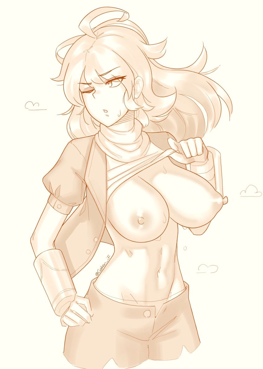 breasts_out gaken_if large_breasts monochrome nipples rwby shirt_lift sweat tagme yang_xiao_long