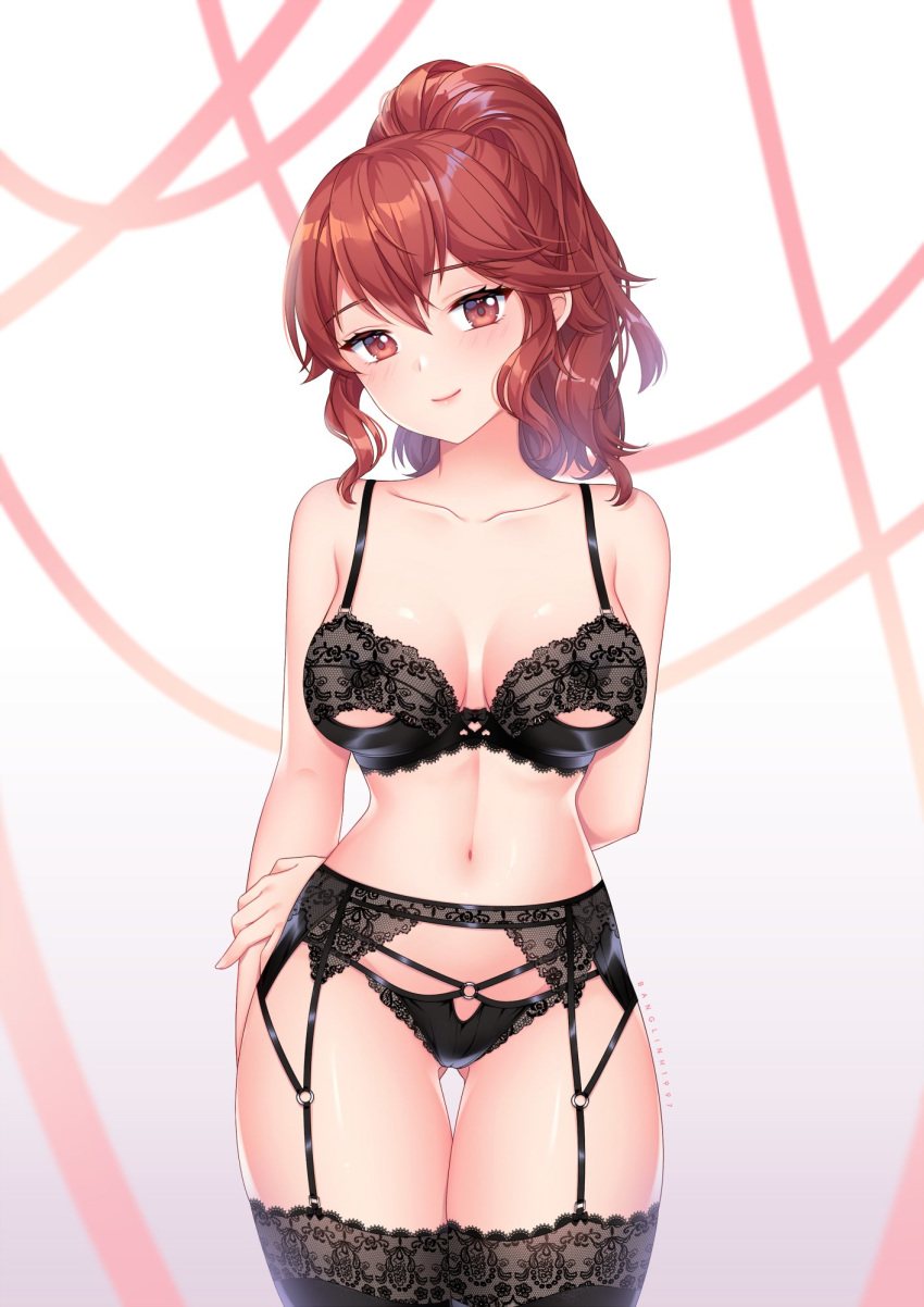 1girls anna_(fire_emblem) anna_(fire_emblem_fates) arm_behind_back banglinh1997 bare_shoulders black_lingerie black_underwear female fire_emblem fire_emblem_fates head_tilt high_ponytail light_blush lingerie midriff ponytail red_eyes red_hair smile solo solo_female solo_focus stockings thighhighs thighs underwear wide_hips