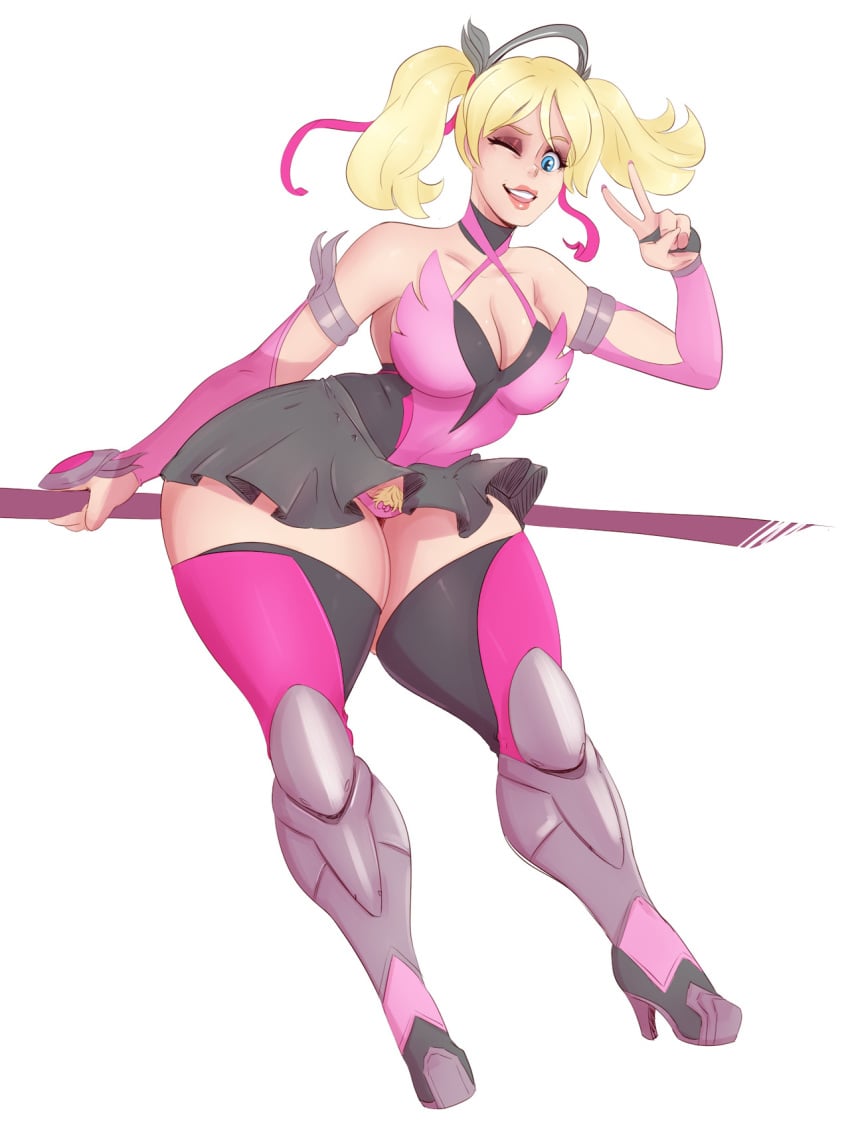 1girls ;) activision alternate_costume blizzard_entertainment blonde_hair blonde_pubic_hair bridal_gauntlets cleavage female female_pubic_hair high_heels mercy one_eye_closed overwatch peace_sign pink_mercy pubic_hair pubic_hair_peek sunnysundown thick_thighs thighhigh_boots thunder_thighs twintails v