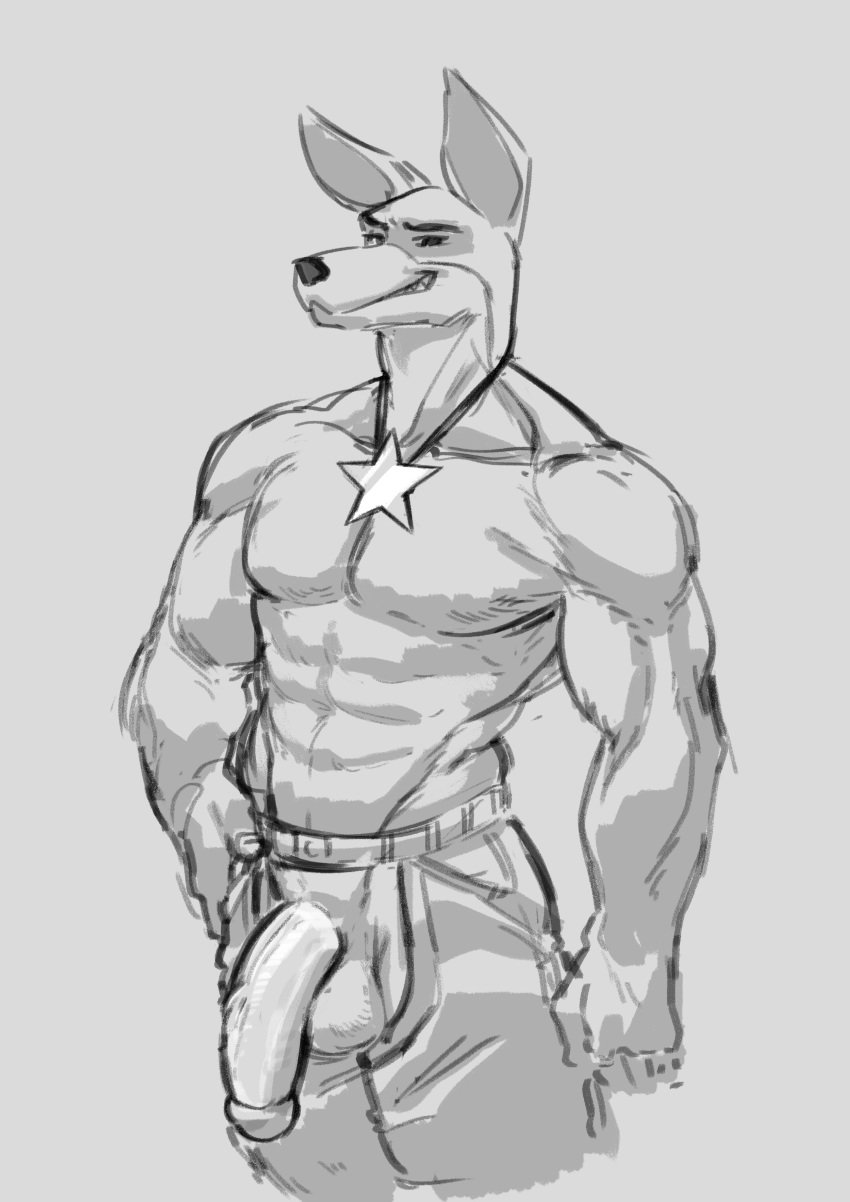 101_dalmatians 1boy anthro arcquosnsfw canine disney flaccid furry grayscale grin hand_on_hip looking_at_viewer male_only monochrome muscular penis penis_out pose presenting sketch standing thunderbolt_(101_dalmatians) topless