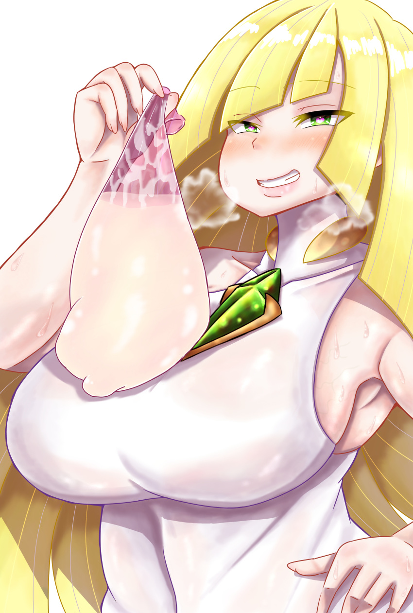 1girls armpits big_breasts blonde_hair blush condom condom_balloon cum cum_in_condom excessive_cum eye_contact female filled_condom green_eyes heart-shaped_pupils huge_breasts human kua_ye large_breasts long_hair looking_at_viewer lusamine_(pokemon) mature_female milf mother nintendo pokemon pokemon_sm semen smile used_condom white_background