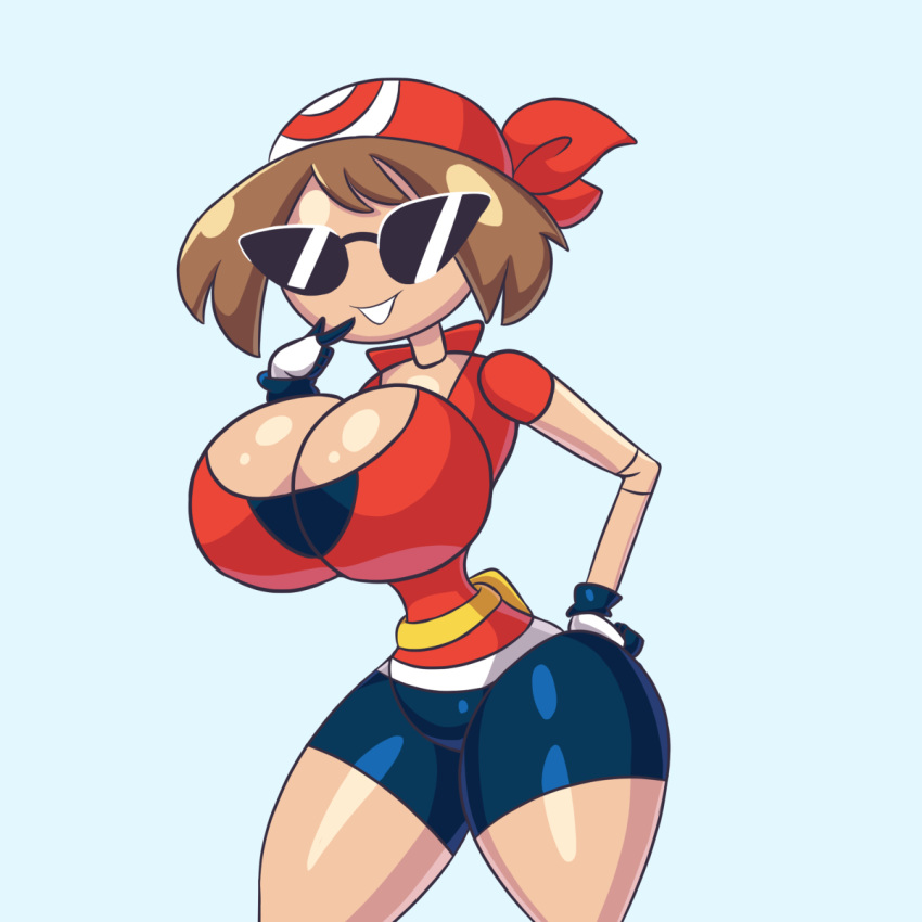 1girls bandana big_breasts crossover disney female female_only human iggy-bomb knick_knack may_(pokemon) permanent_smile pixar pokemon pokemon_rse red_bandana solo sunglasses sunnification tagme transformation wide_hips