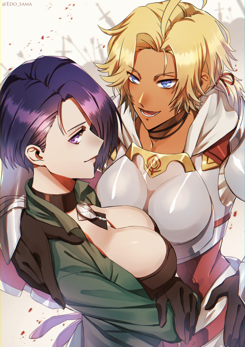 2girls absurdres asymmetrical_hair bangs black_gloves black_hair blonde_hair blue_eyes blush boobplate breastplate breasts catherine_(fire_emblem) choker cleavage edo-sama fire_emblem fire_emblem:_three_houses gloves highres jewelry large_breasts long_hair looking_at_viewer multiple_girls nintendo open_mouth purple_eyes purple_hair shamir_nevrand short_hair shoulder_armor simple_background smile upper_body white_armor