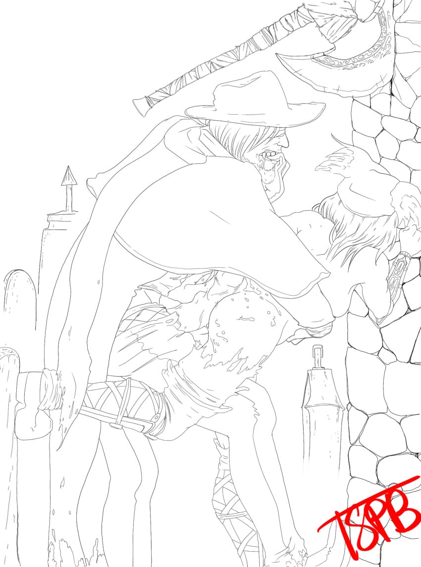 aras axe bloodborne cum_on_ass father_gascoigne female from_behind fromsoftware hunter_(bloodborne) line_art monochrome questionable_consent tspb