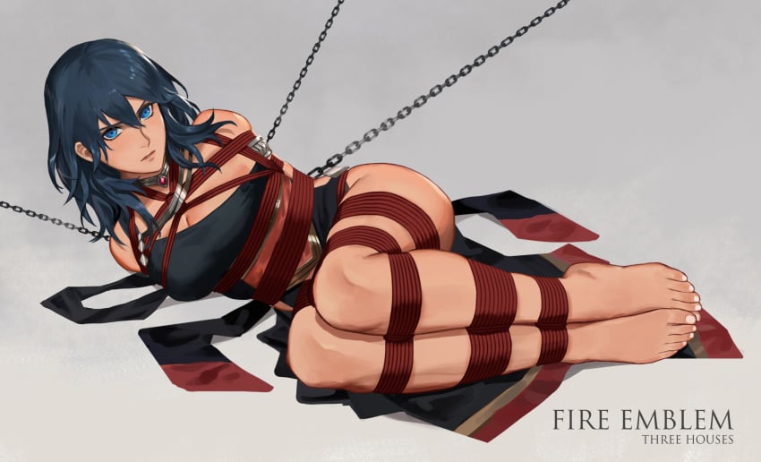 1girls alternate_costume angry arms_behind_back barefoot blue_eyes bondage bound_hands bound_legs breasts byleth_(fire_emblem) byleth_(fire_emblem)_(female) chains dancer dancer_outfit feet female female_only femsub fire_emblem fire_emblem:_three_houses fully_clothed large_breasts looking_at_viewer nintendo on_side rainnear solo teal_hair tied_up