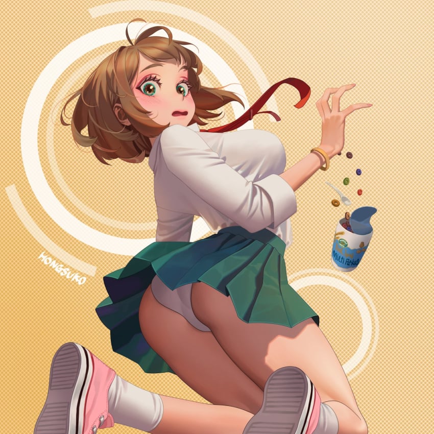 1girls ass big_breasts brown_eyes brown_hair cereal female female_only hongcasso looking_at_viewer looking_back my_hero_academia ochako_uraraka panties school_uniform shoes short_hair skirt sneakers socks solo solo_female solo_focus tennis_shoes thighs u.a._school_uniform upskirt