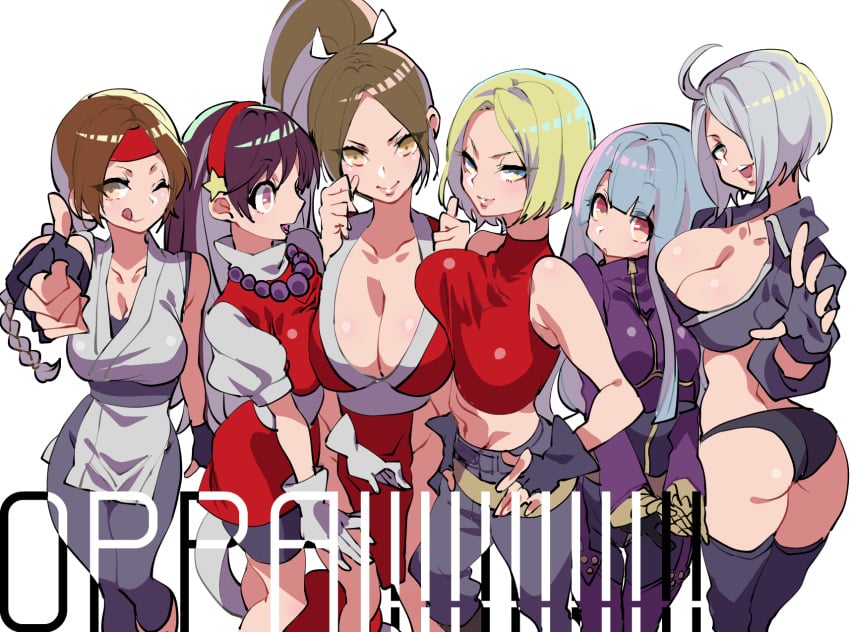 6girls ;) angel_(kof) art_of_fighting ass athena_asamiya baggy_pants bangs big_breasts blonde_hair blue_hair blue_mary breasts brown_hair chaps dougi fatal_fury female female_only fingerless_gloves gloves headband hohehohe huge_breasts jacket kimono king_of_fighters kula_diamond leather_jacket long_hair mai_shiranui multiple_girls panties ponytail psycho_soldier purple_hair short_hair small_breasts snk thumbs_up tights tongue tongue_out white_hair yuri_sakazaki