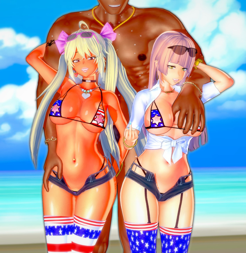 1boy 2girls 3d 4th_of_july american_flag american_flag_bikini american_flag_legwear big_breasts bikini bikini_top blonde_hair breast_grab breasts cold_(numbersguy) dark-skinned_female dark-skinned_male dark_skin female ffm_threesome garter_straps groping interracial light-skinned_female light_skin long_hair long_twintails looking_at_viewer male middle_finger numbersguy original original_character pink_hair short_shorts smiling smiling_at_viewer straight straps string_bikini string_panties swimsuit tan_skin tanned thighhighs threesome twintails warm_(numbersguy)