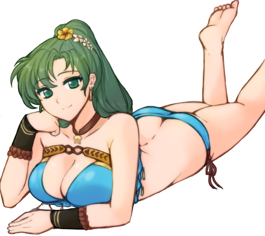 1girls ass ass_cleavage barefoot big_ass bikini blue_bikini breasts butt_crack cleavage feet feet_up female fire_emblem fire_emblem:_the_blazing_blade fire_emblem_heroes green_eyes green_hair hand_on_face looking_at_viewer lyn_(fire_emblem) lyn_(summer)_(fire_emblem) lyndis_(fire_emblem) soles summer swimsuit the_pose toes tridisart