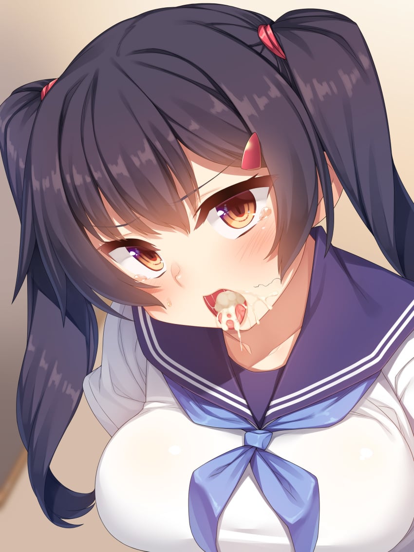 after_fellatio breasts cum cum_in_mouth cum_on_tongue female high_resolution medium_breasts pubic_hair_in_mouth racer_(magnet) school_uniform stray_pubic_hair tears tied_hair tongue tongue_out twintails uniform very_high_resolution