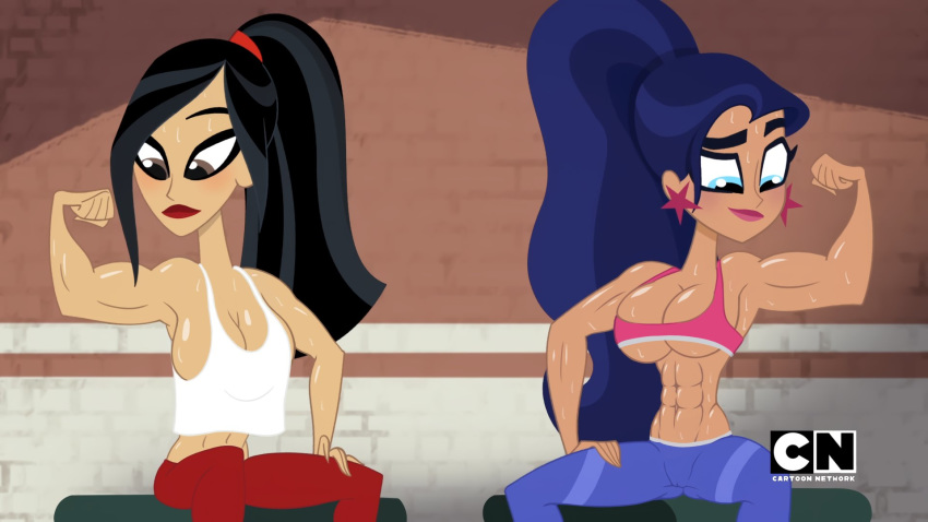 2girls abs asian biceps big_breasts big_eyes black_hair blue_eyes blue_hair blue_pants brown_eyes busty cleavage crop_top dark-skinned_female dark_blue_hair dark_skin dc_comics dc_super_hero_girls diana_prince diana_prince_(shg) edit eyelashes female female_only fit_female flexing flexing_bicep high_ponytail hourglass_figure human large_breasts lipstick long_hair makeup monkeyman_(artist) muscle muscles muscular muscular_female navel ponytail red_pants screencap screenshot_edit shiny_skin sideboob sitting six_pack sports_bra sportswear subtle_pussy sweat tagme tank_top tatsu_yamashiro tatsu_yamashiro_(shg) tied_hair tight_clothing toony underboob wide_hips wide_shoulders wonder_woman wonder_woman_(series) workout_clothes yoga_pants