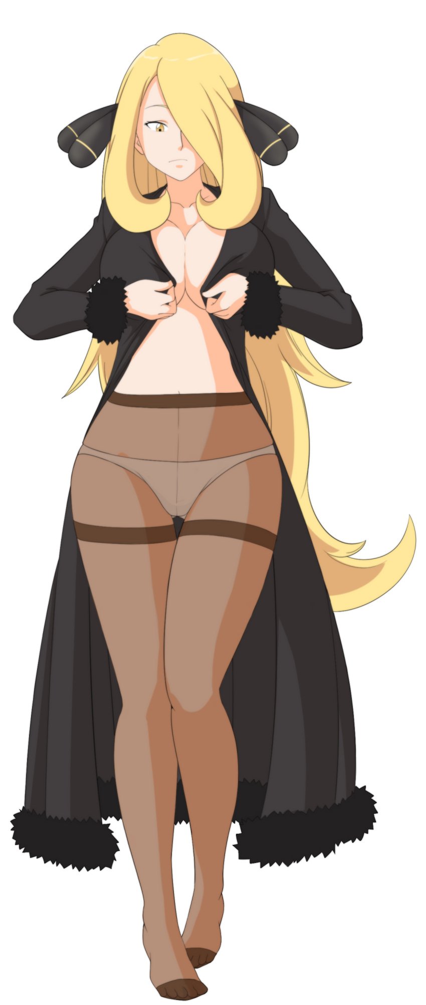 1girls big_breasts blonde_hair caisama champion cynthia_(pokemon) female hair_ornament human long_hair mature_female nintendo pale-skinned_female pale_skin panties pantyhose pokemon pokemon_dppt thighs white_background white_panties yellow_eyes