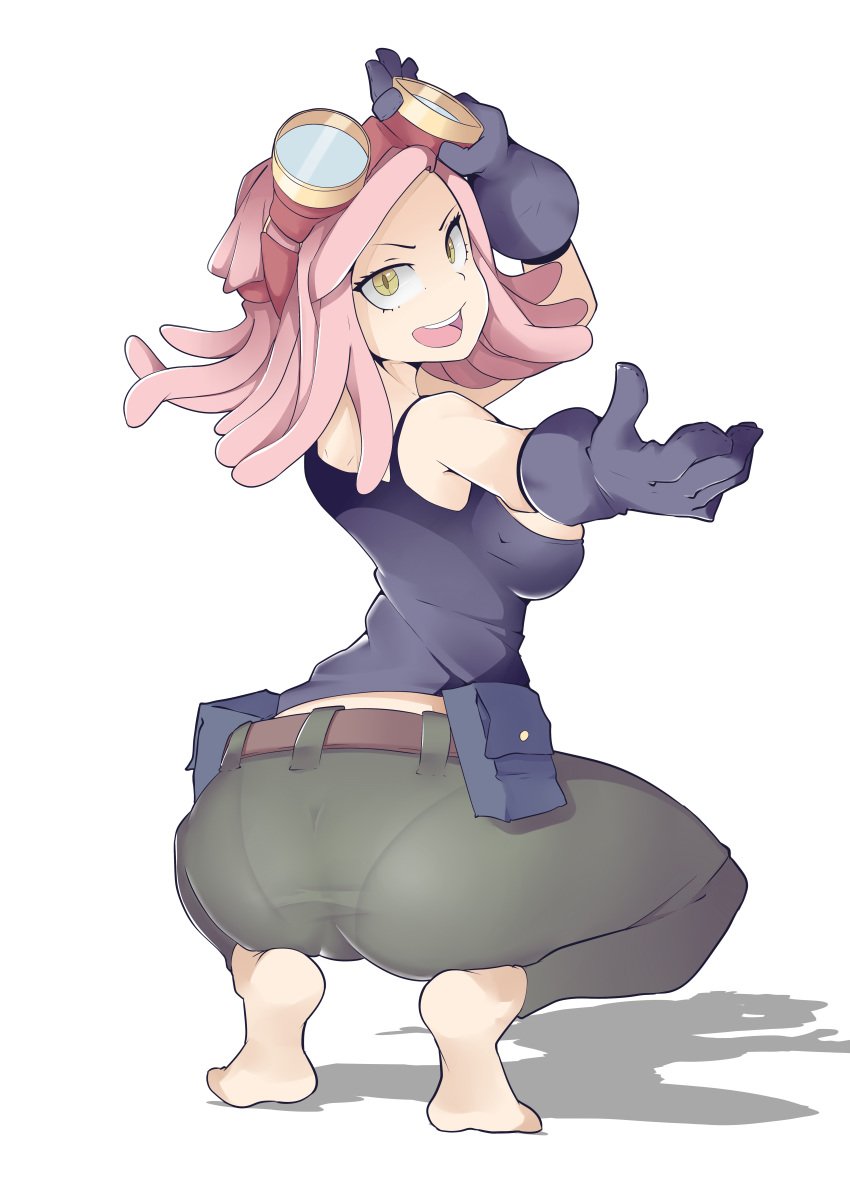 1girls ass barefoot belt feet female female_only gloves goggles goggles_on_head hotvr looking_at_viewer looking_back mei_hatsume my_hero_academia pantylines pink_hair pouches simple_background slender_waist slim soles solo squat squatting tank_top vest vpl white_background