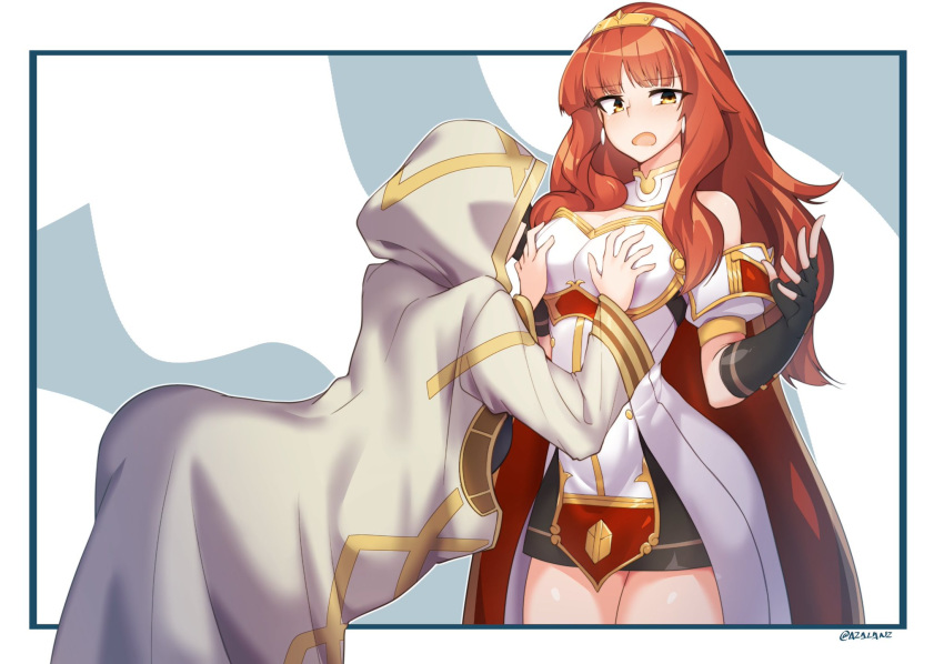 1boy 1girls azalanz bare_thighs celica_(fire_emblem) earrings female fingerless_gloves fire_emblem fire_emblem_echoes:_shadows_of_valentia fire_emblem_gaiden fire_emblem_heroes gloves groping groping_breasts kiran_(fire_emblem) kiran_(fire_emblem)_(male) long_hair looking_away open_mouth orange_eyes orange_hair thick_thighs thighs tilt-shift tilt-shift_(azalanz)