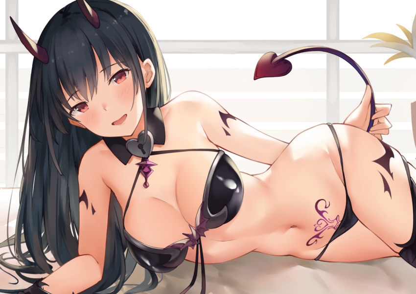 1girls bed big_breasts black_hair breasts demon_girl female horns long_hair looking_at_viewer succubus suzuame_yatsumi tail tattoo underwear