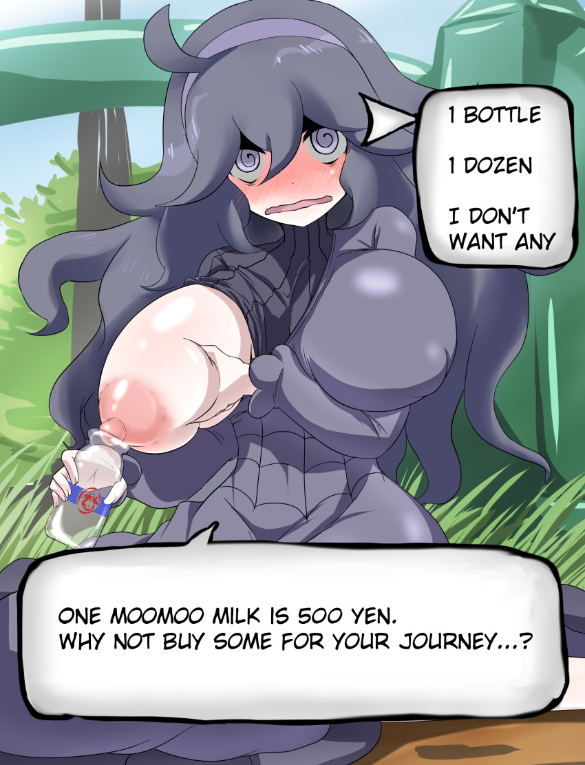 @_@ absurdres ahoge areolae ayuayu_(shouyu_no_sato) black_hair blush bottle breast_hold breast_slip breasts bush dress female grass hairband hard_translated hex_maniac highres huge_breasts long_hair looking_at_viewer naughty_face nintendo nipples one_breast_out open_clothes open_mouth outdoors pale_skin pokemon pokemon_xy purple_eyes ribbed_sweater sitting sky smile solo sweater text translated