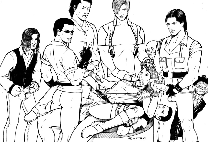 1girls 2010 albert_wesker alice_abernathy billy_coen black_and_white bottomless capcom carlos_oliveira chris_redfield cum_on_face double_handjob double_penetration erect_nipples erection extro female gangbang hi_res holding_penis leon_scott_kennedy luis_sera monochrome multiple_boys multiple_males open_clothes penis_out ramon_salazar resident_evil resident_evil_extinction torn_clothes uncensored v white_background