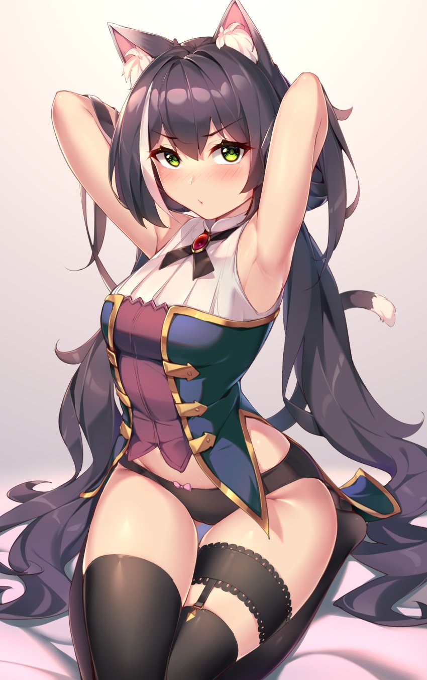 animal_ear_fluff animal_ears armpits arms_behind_head arms_up bare_shoulders black_hair black_legwear black_neckwear black_panties black_underwear bow bow_panties breasts brooch cat_girl cat_tail female frown gold_trim green_eyes high_resolution jewelry karyl_(princess_connect!) kyaru_(princess_connect) long_hair long_twintails looking_at_viewer low_twintails medium_breasts nekomimi no_pants pantsu princess_connect! princess_connect!_re:dive sgt-jz shirt sitting sleeveless sleeveless_shirt solo tail thighhighs thighs tied_hair twintails underwear v-shaped_eyebrows very_high_resolution very_long_hair