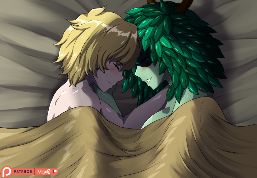 1boy 1girls adventure_time after_sex afterglow antlers bare_shoulders bed bed_sheet blonde_hair blush canon_couple cartoon_network closed_eyes couple domino_mask embrace finn_the_human green_hair green_skin grin hands_on_head happy huntress_wizard large_breasts leaf leaf_hair leaves light-skinned_male love married mask medium_hair mgx0 on_side romance romantic romantic_couple sleeping smile under_covers white_skin wholesome