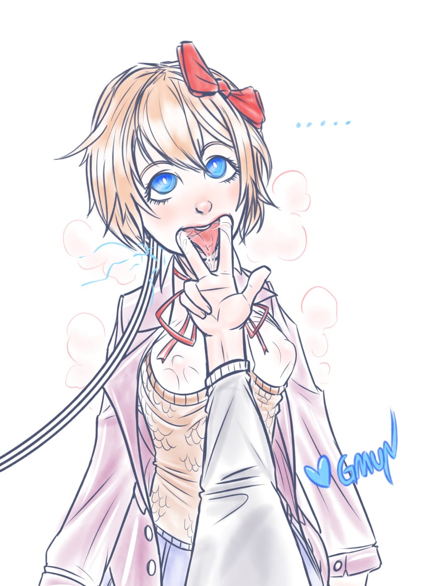 1boy blue_eyes bow doki_doki_literature_club female finger_fetish fingers_in_mouth gmun hairbow hypnotic_eyes looking_at_viewer mind_control orange_hair red_bow sayori_(doki_doki_literature_club) school_uniform schoolgirl simple_background tech_control tongue_out unseen_male_face