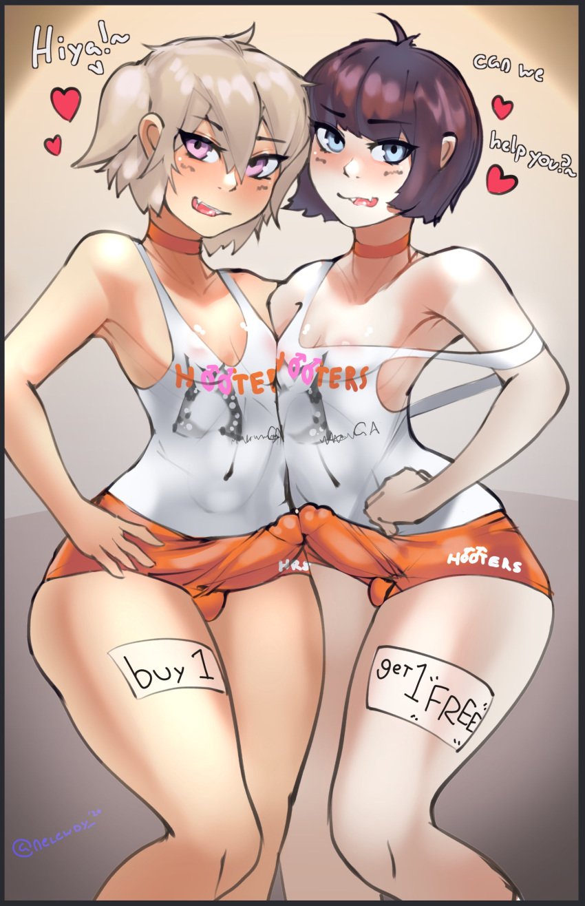 2020 2020s 2boys armpits black_hair blue_eyes blush bulge choker english_text erection erection_under_clothes femboy femboy_hooters floating_heart girly gym_shorts hand_on_hip heart hooters hooters_uniform looking_at_viewer male male_only nelewdy nelody orange_shorts purple_eyes short_shorts shorts simple_background strap_slip tank_top text tomgirl trap white_hair