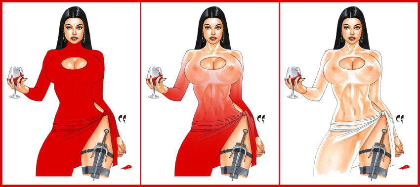 1girls areolae big_breasts black_hair breasts busty chris_foulkes cleavage cleavage_cutout daredevil_(series) dress earrings elektra_natchios female female_only going_commando green_eyes hourglass_figure knife large_breasts lipstick long_fingernails long_hair makeup marvel marvel_comics nail_polish navel nipples pose posing pubic_hair see-through see-through_clothing skimpy skimpy_dress skin_tight solo standing straight_hair tagme thick_thighs thigh_holster transparent_clothing wide_hips wine wine_glass