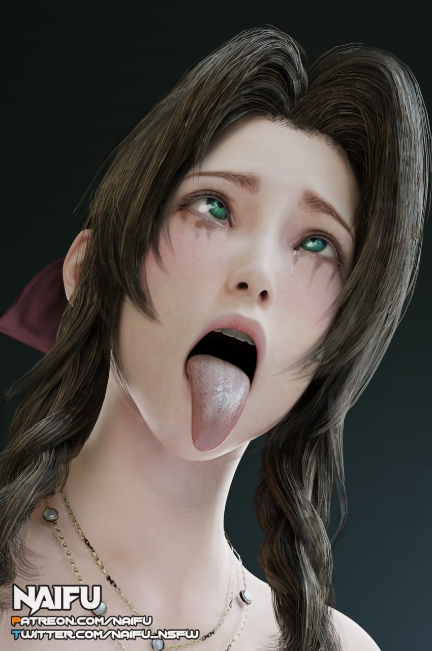 1girls 3d aerith_gainsborough ahe_gao braid brown_hair cross-eyed crossed_eyes eyes_rolling_back female female_only final_fantasy final_fantasy_vii final_fantasy_vii_remake green_eyes naifu necklace open_mouth rolling_eyes solo tears tongue tongue_out