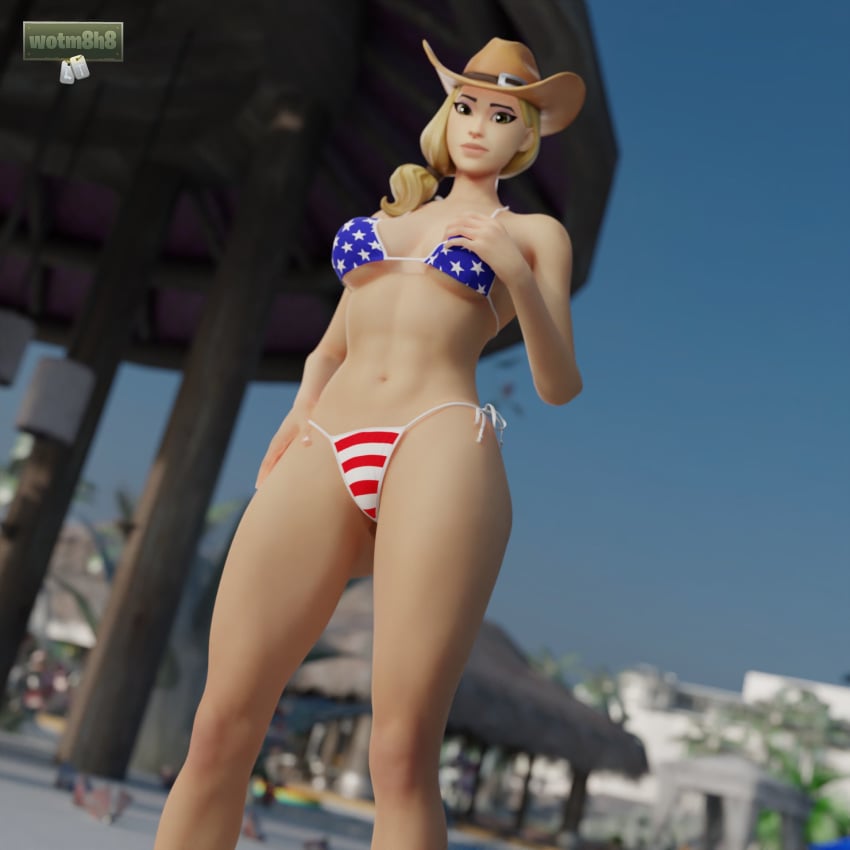 1girls 3d 3d_(artwork) abdomen abs american_flag american_flag_bikini beach big_breasts bikini bikini_bottom bikini_top blonde blonde_female blonde_hair breasts cowboy_hat cowgirl_hat female female_only fortnite grabbing_own_breast hat light-skinned_female light_skin midriff mostly_nude presenting rustler showing solo solo_female stetson string_panties tagme wotm8h8